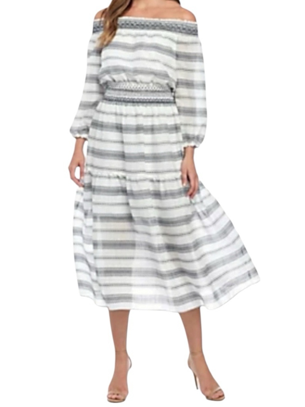 Vince Camuto Off-Shoulder Striped Scrunched Waist Ballon Sleeve Midi Dress